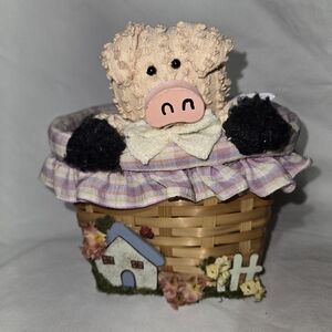 Charming Piglet Basket with Plaid Accents
